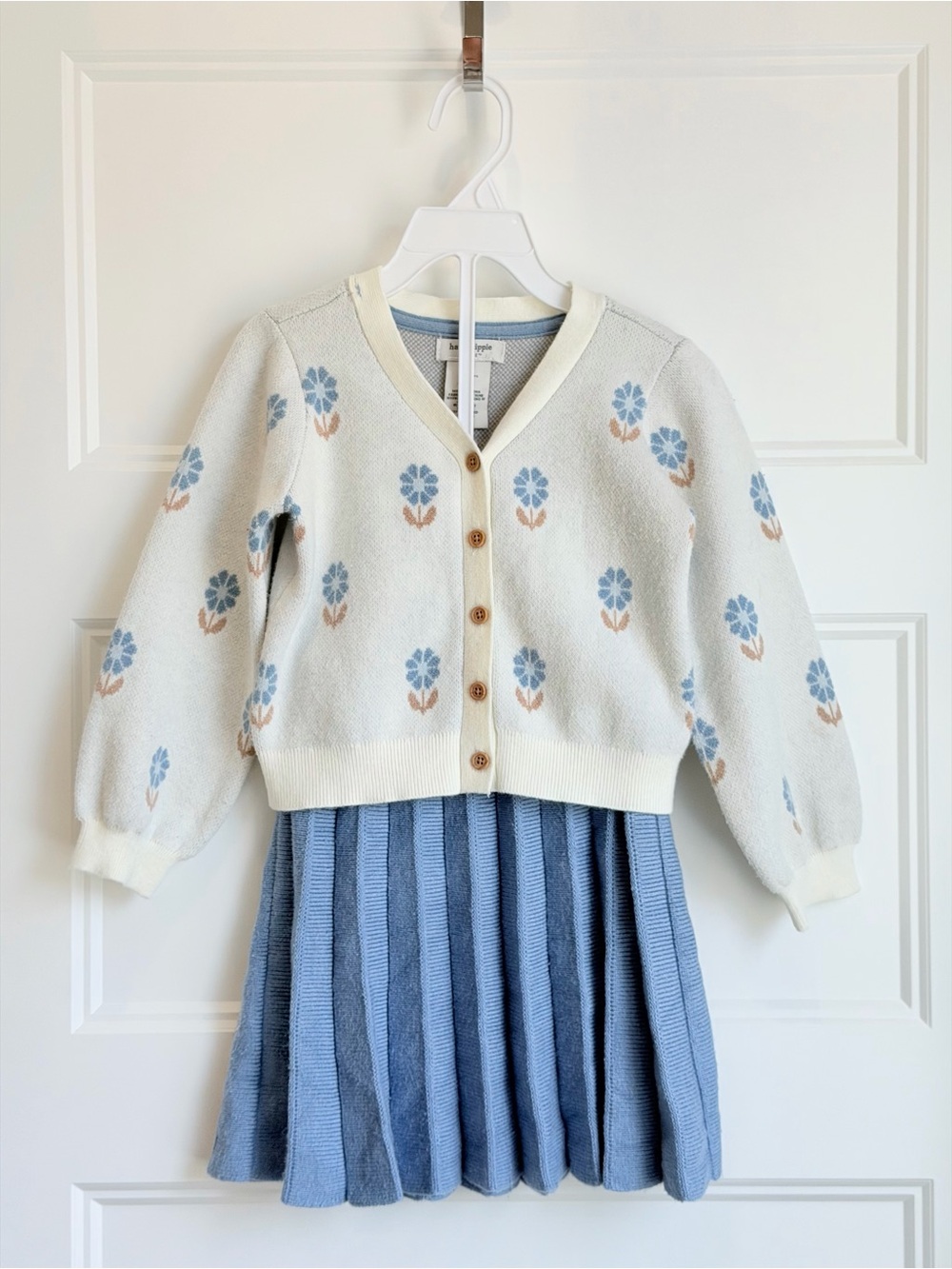 Haute Hippie Cream Floral Knit Cardigan & Blue Pleated Skirt Set